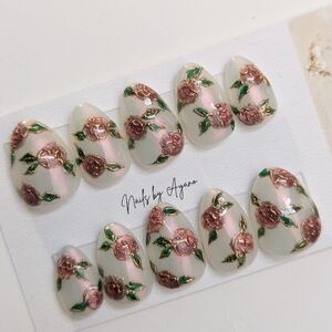 💐 Hand-Painted Antique Rose Press On Nails – Short Almond, Ready to Ship,
